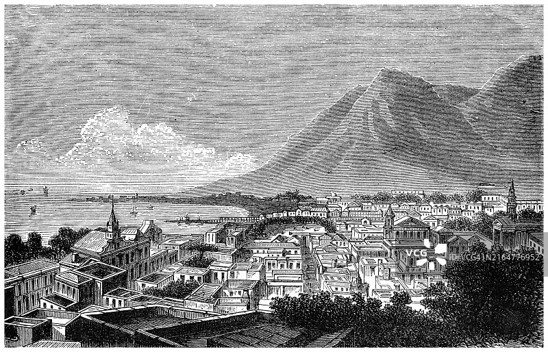 开普敦和桌山古版画（桌山是一座平顶山，是俯瞰南非开普敦市的著名地标）图片素材