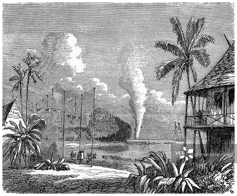 马达加斯加景观古老雕刻插图，印度洋岛国，来自塔马塔夫（马达加斯加东海岸阿齐纳纳纳地区的首府）图片素材