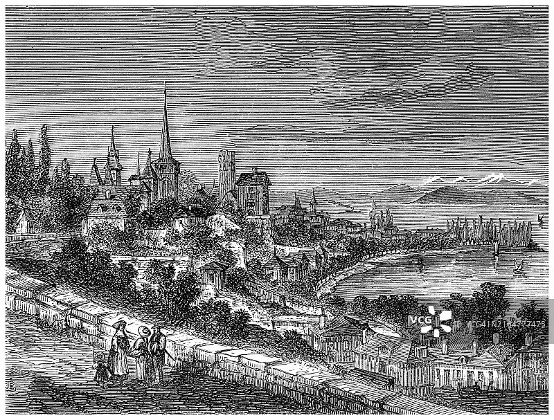 瑞士纳沙泰尔市古 engravings 插图图片素材