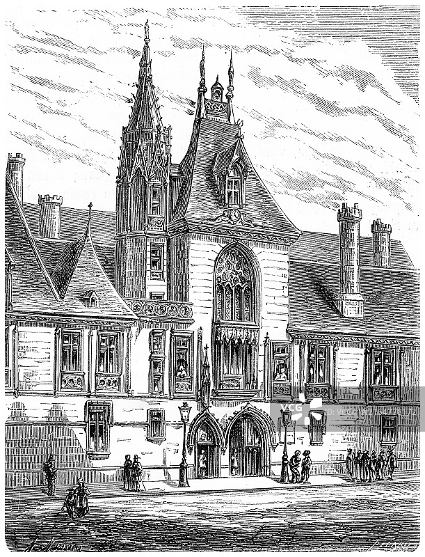 雅克·科尔宫古老雕刻插图 - 雅克·科尔在法国布尔日为自己和家人建造的大型私人宅邸图片素材