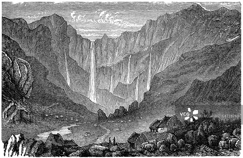 法国加瓦尔尼瀑布古版画图片素材