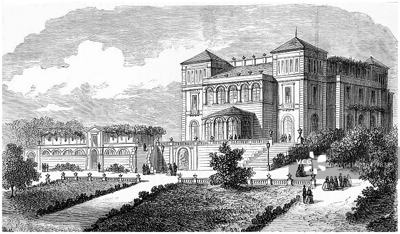 斯图加特贝格别墅古老雕刻插图图片素材