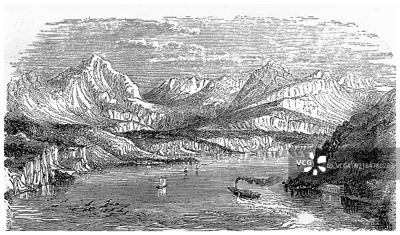 意大利第三大湖科莫湖（拉里奥湖）的老式雕刻插图图片素材