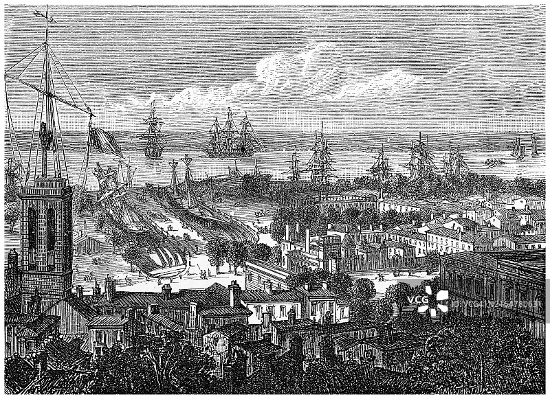 法国罗什福尔市的旧版画插图，夏朗德河口的港口图片素材