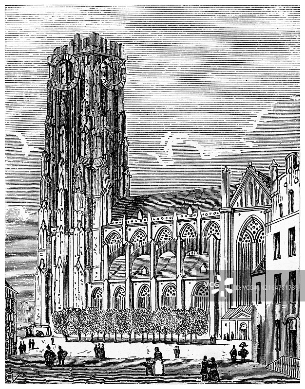 比利时梅赫伦圣伦巴德主教座堂古老雕刻插图图片素材