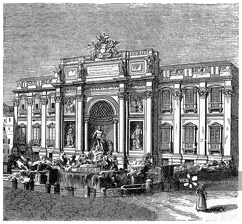 意大利罗马特莱维喷泉的古老雕刻插图图片素材