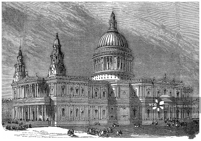 伦敦圣保罗座堂古老雕刻插图图片素材