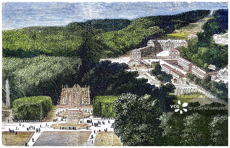 法国巴黎郊区圣克卢镇古版画插图图片素材