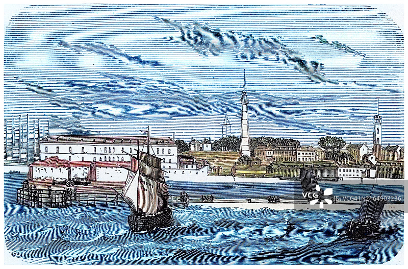 法国布列塔尼莫尔比昂省洛里昂城镇和海港古版画图片素材