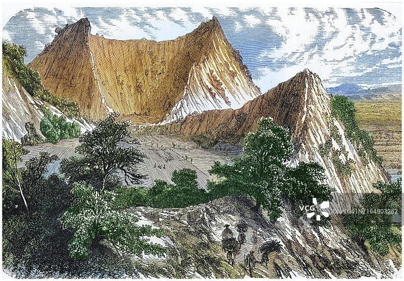 墨西哥中部普埃布拉火山圣伊西德罗火山口的古老雕刻插图图片素材