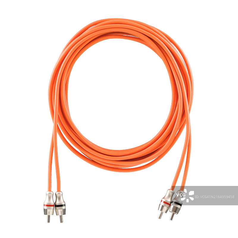 互连同轴电缆圆形线圈：橙色绝缘模拟音频电缆，声音传输图片素材