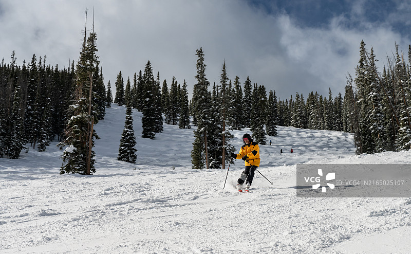 滑雪者身穿亮黄色夹克，在松树环绕的斜坡上图片素材