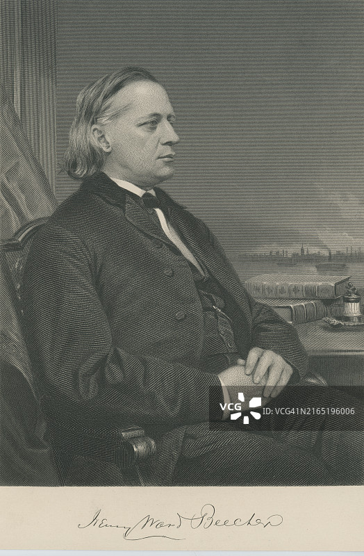 亨利·沃德·比彻肖像（1813年6月24日-1887年3月8日）：美国公理会牧师、社会改革家和演说家，以支持废奴而闻名图片素材