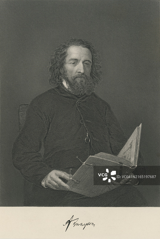 弗雷德里克·桑迪斯所绘的丁尼生男爵阿尔弗雷德·丁尼生画像——英国诗人图片素材