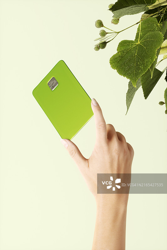 手持绿色信用卡或借记卡。企业责任，引领地球。图片素材