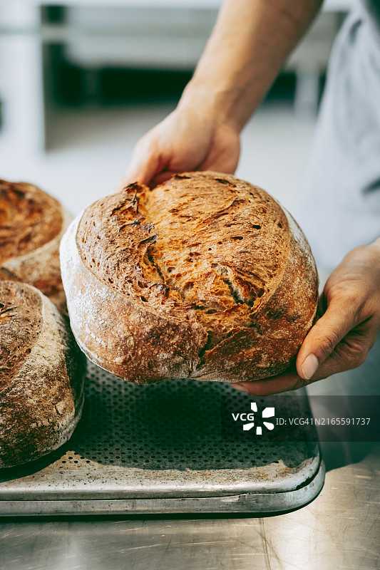 手持金黄色面包的特写，突出了面包制作的艺术图片素材