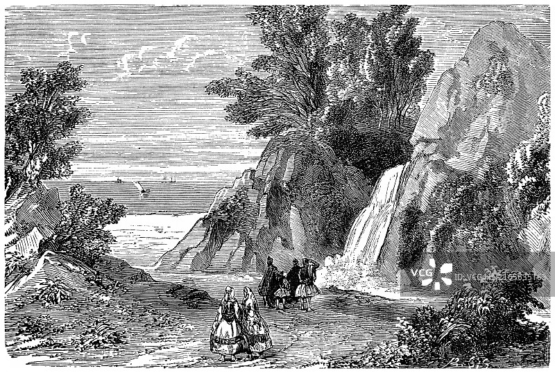 伊萨卡岛阿雷图萨喷泉古老雕刻插图，位于爱奥尼亚海的希腊岛屿图片素材