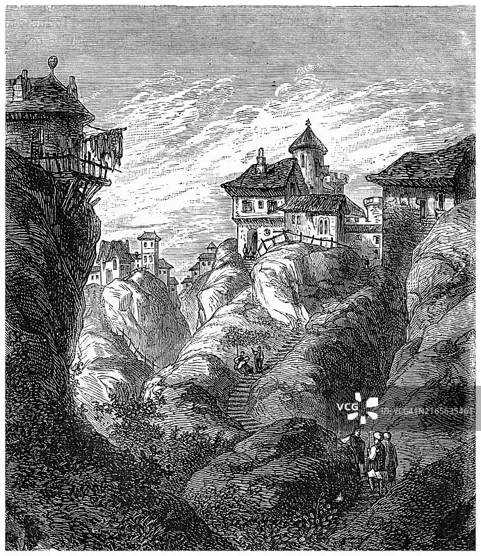 土耳其埃迪尔内（原阿德里安堡）附近山区村庄的古版雕刻插图图片素材