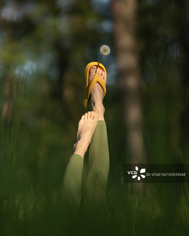 夏季户外草地上女士脚上的明黄色拖鞋图片素材