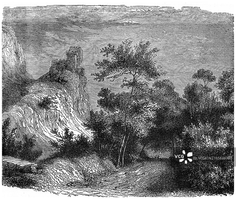 意大利北部南蒂罗尔省首府博尔扎诺山谷的古老雕刻插图图片素材