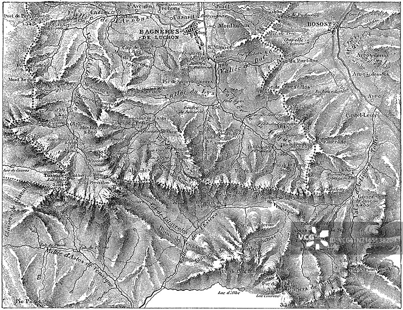 法国和西班牙边界比利牛斯山脉中部古版画地图图片素材