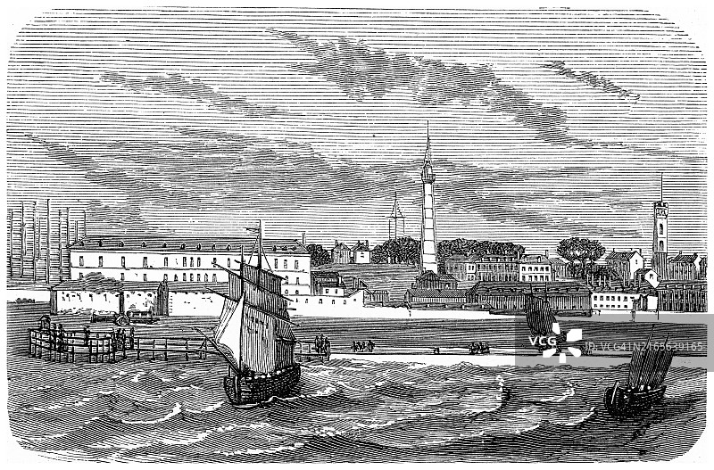 法国布列塔尼莫尔比昂省洛里昂城镇和海港古版画图片素材