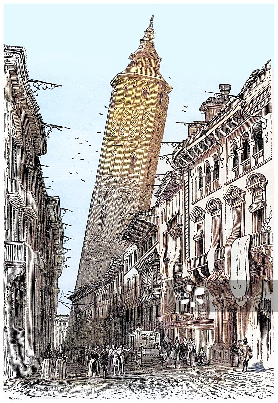 西班牙萨拉戈萨圣费利佩斜塔景色古老雕刻插图图片素材