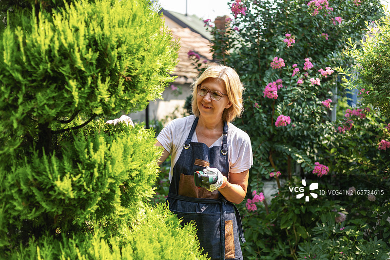 中年妇女在她的绿色花园里工作图片素材