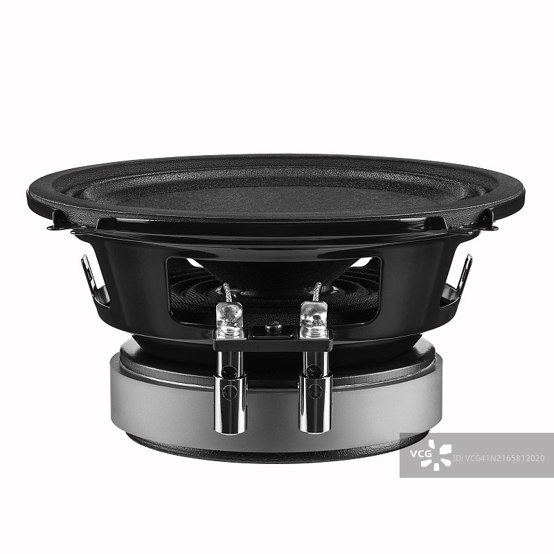 声音扬声器，同轴扬声器系统，汽车低音炮，电线连接处，音频扬声器，侧视图，白色背景隔离，可复制图片素材