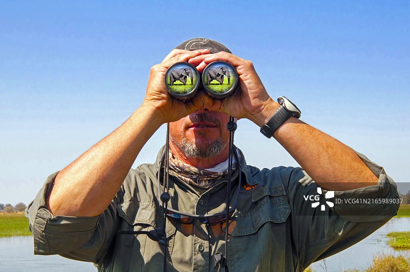 博茨瓦纳奥卡万戈三角洲，野生动物园向导用望远镜观察非洲象图片素材