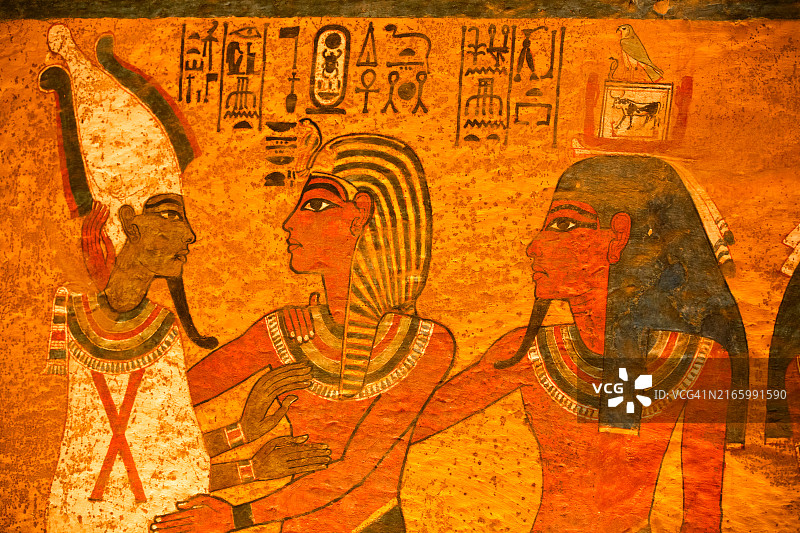 图坦卡蒙墓葬室壁画，埃及卢克索帝王谷图片素材
