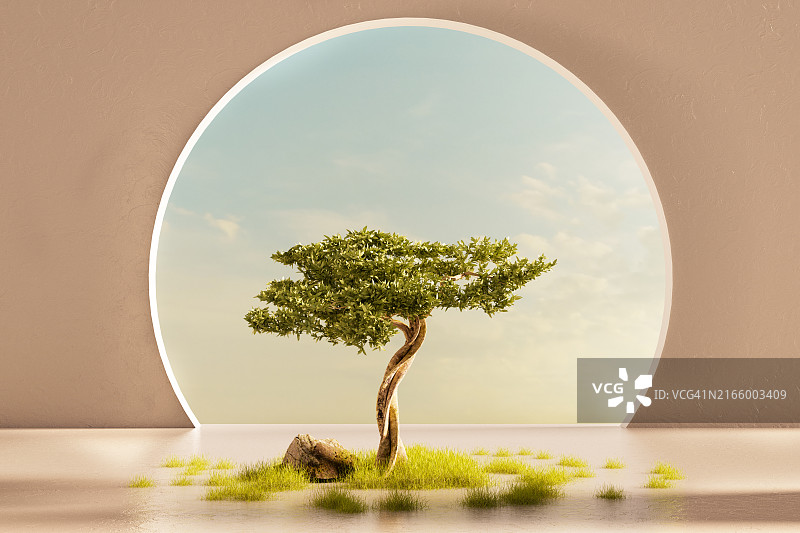 3D数字生成图像：室内房间与有机树、石头和草地CGI图片素材