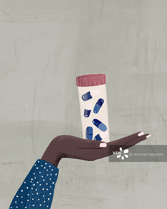 手持蓝白药丸瓶子数字插画图片素材