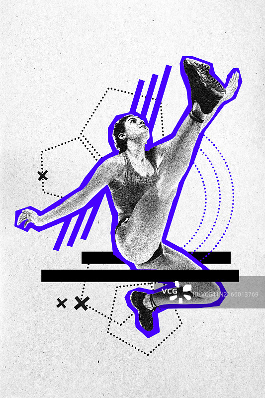 当代艺术拼贴海报。优雅的运动员在半空中伸展腿部，突出紫色轮廓和动态图形元素。颗粒感面料效果图片素材