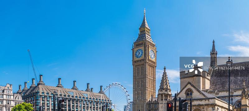 伦敦眼、大本钟、议会大厦威斯敏斯特城市全景图片素材