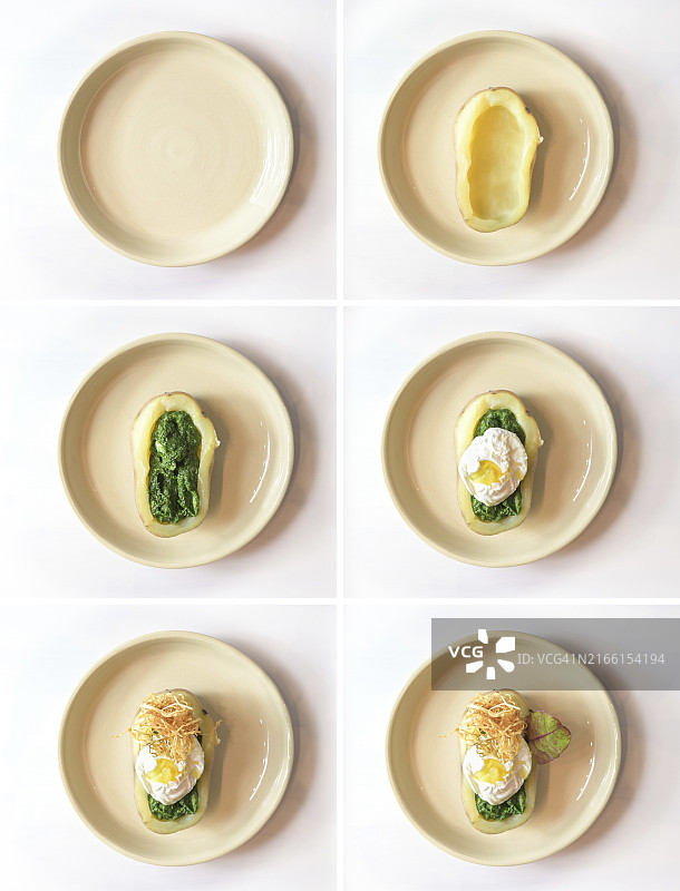 创意菜肴摆盘：土豆菠菜鸡蛋料理图片素材