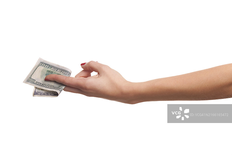 女人手中的美元，白色背景图片素材