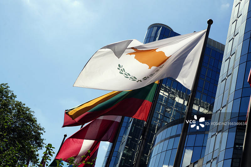 欧洲议会大厦前的欧洲各国国旗图片素材