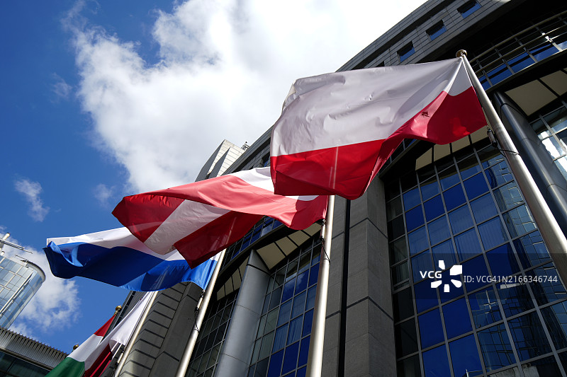 欧洲议会大厦前的欧洲各国国旗图片素材