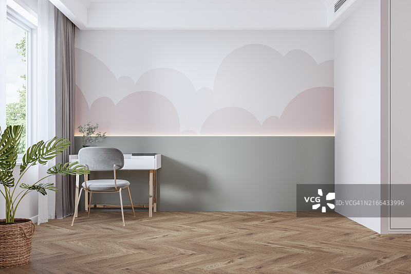 儿童/青少年/青春期前 斯堪的纳维亚风格卧室，配有书桌、墙面装饰和窗户图片素材