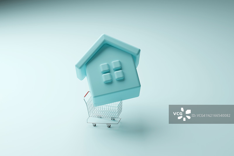 购买房屋的概念：带购物车的微型房屋图片素材