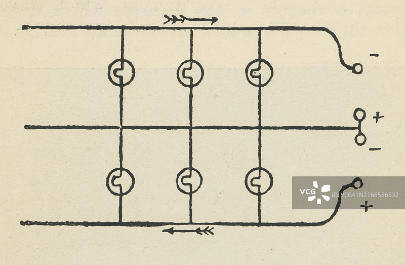 旧版雕刻插图：三线制电力系统，两个电池或发电机串联图片素材