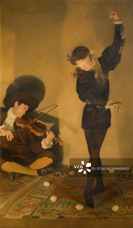 温暖复古的氛围中，舞者在鸡蛋间随着小提琴家的声音起舞图片素材