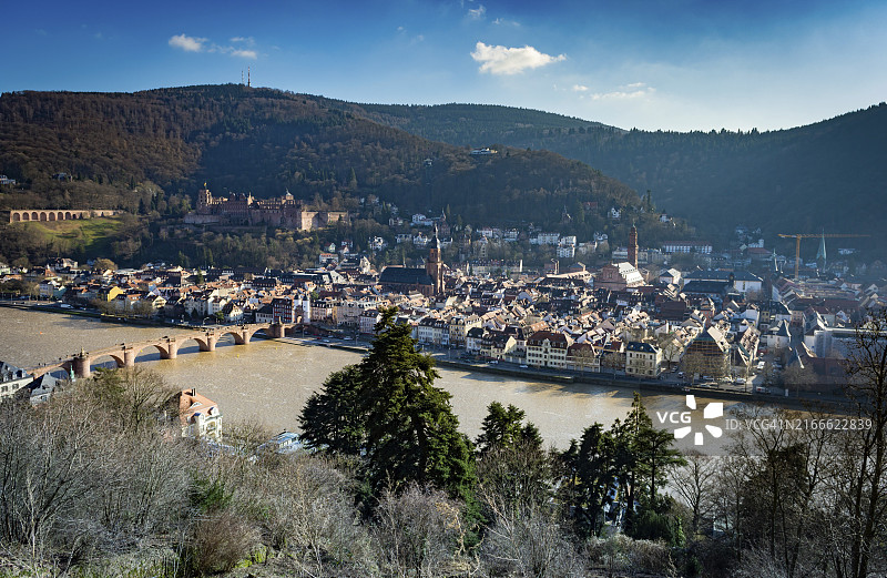 德国海德堡老城、城堡与内卡河航拍图片素材