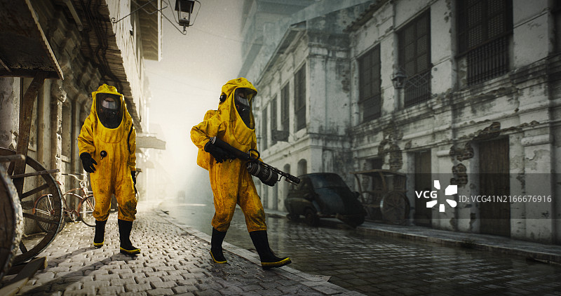 末日废土城市街道与防护服图片素材