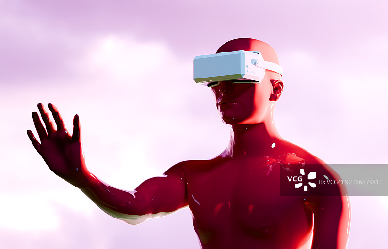 与虚拟现实互动的红色人像图片素材