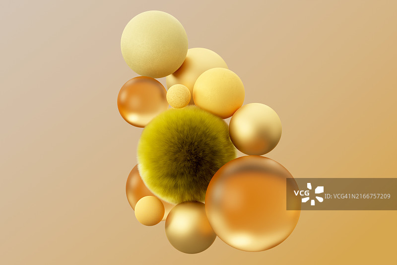 抽象秋季3D概念作品：米色背景上的黄色、绿色、棕色和橙色球体，自然图案设计元素图片素材
