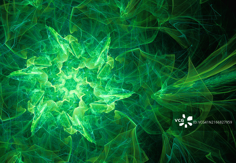 抽象绿色分形图案与能量流效果图片素材