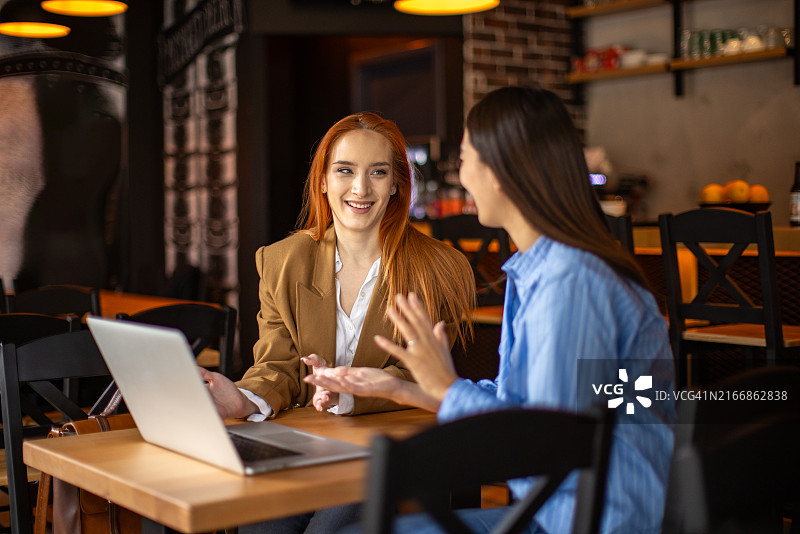 在酒吧里使用笔记本电脑的两位女士图片素材
