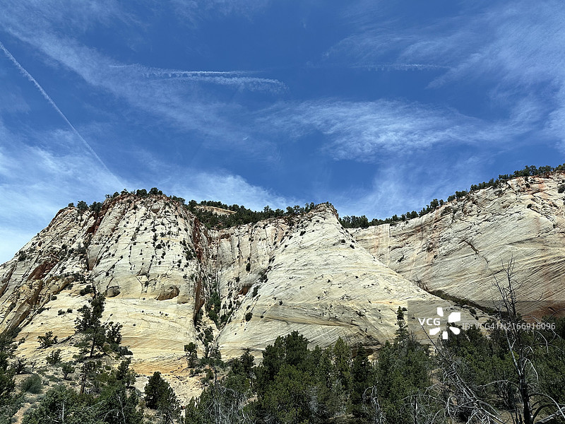 美国犹他州凯恩县锡安国家公园岩层低角度景观图片素材